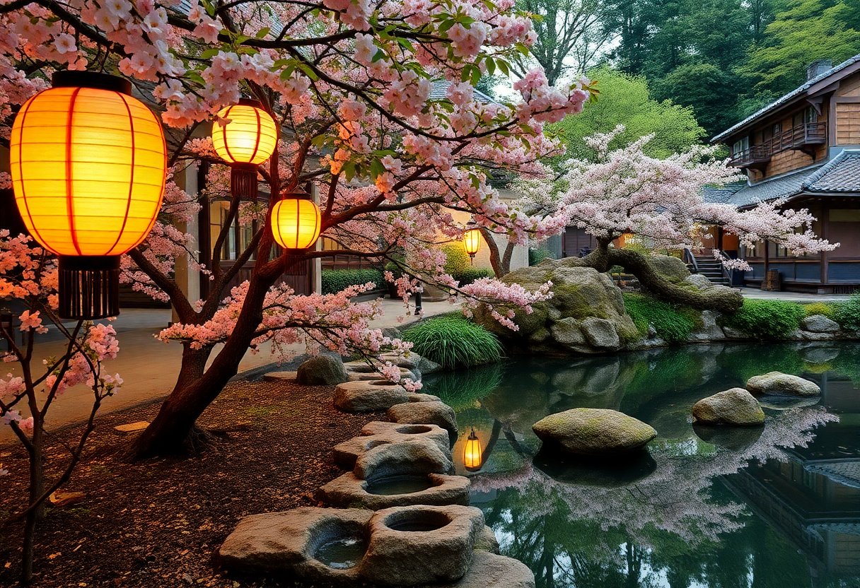 Jardim japonês tradicional com cerejeiras em flor no Gärten der Welt, Berlim