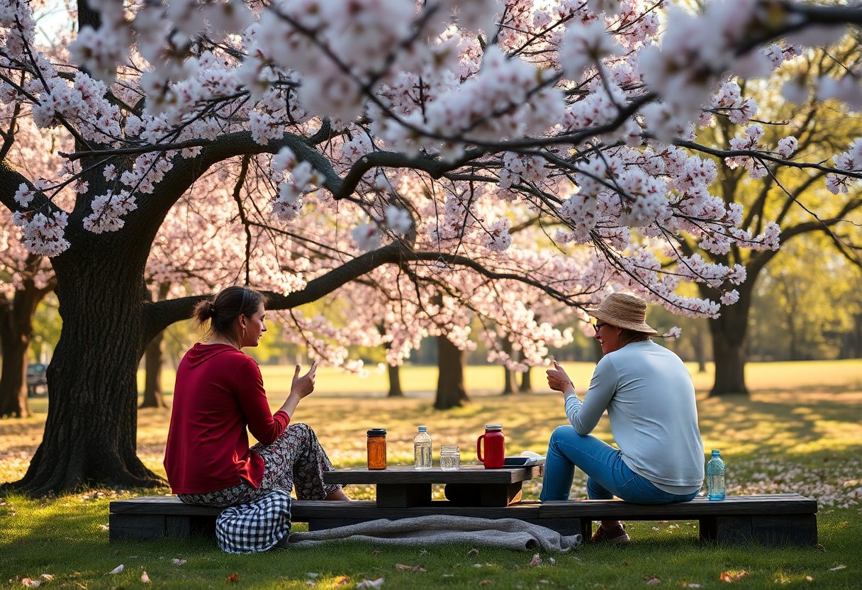 Pessoas fazendo piquenique sob cerejeiras em flor, cena clássica de hanami