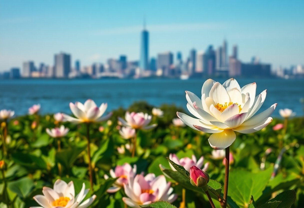 Cerejeiras em flor em Roosevelt Island com o horizonte de Manhattan ao fundo