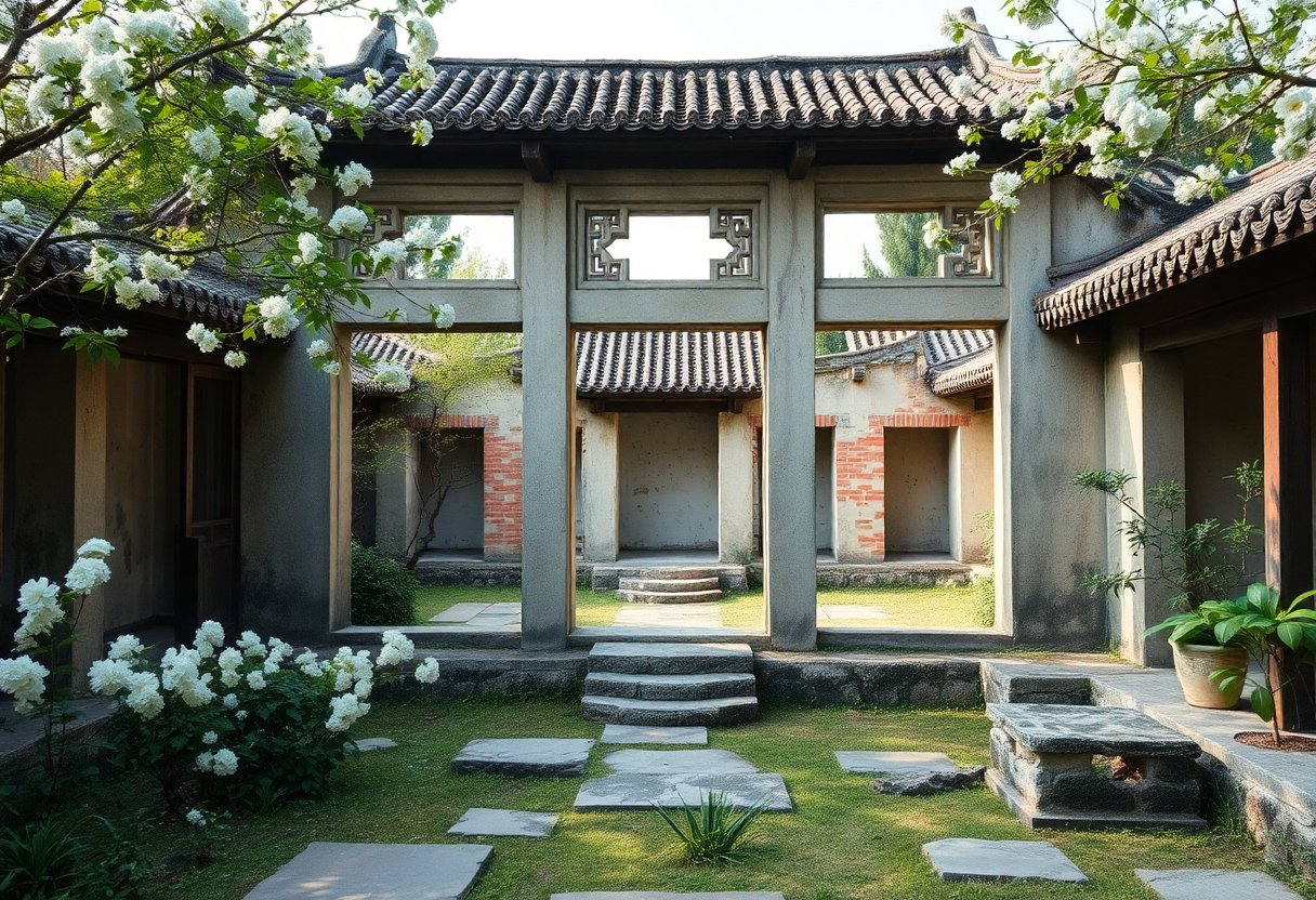 Cerejeiras floridas no Antigo Palácio de Verão, Yuanmingyuan, Pequim