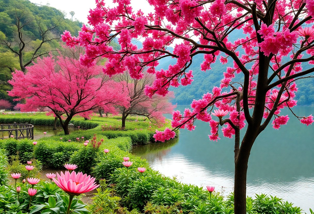 Parque Yuyuantan em Pequim com cerejeiras em flor ao redor do lago