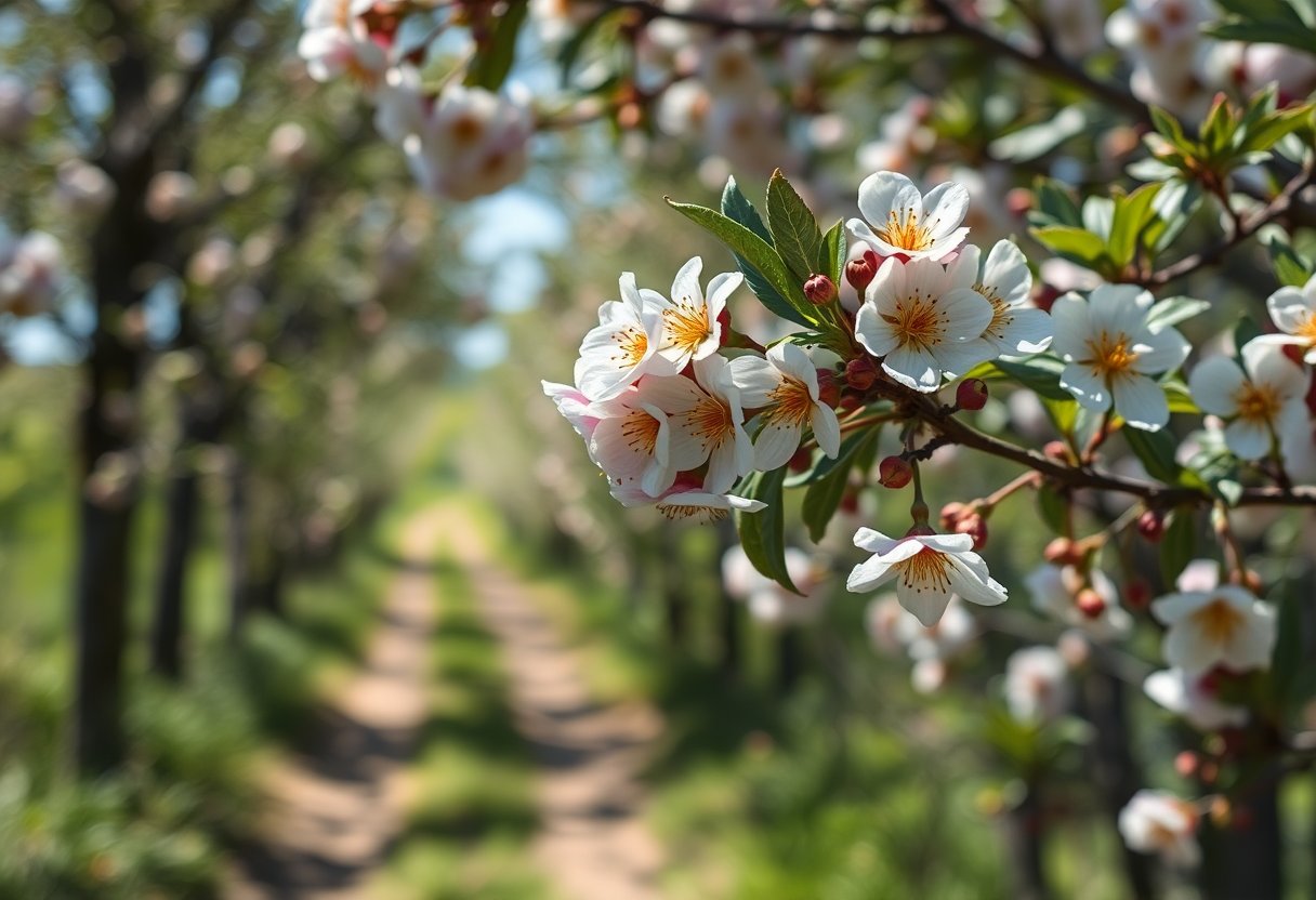 Caminho rural cercado de pomares de cerejeira em flor no interior da Suíça