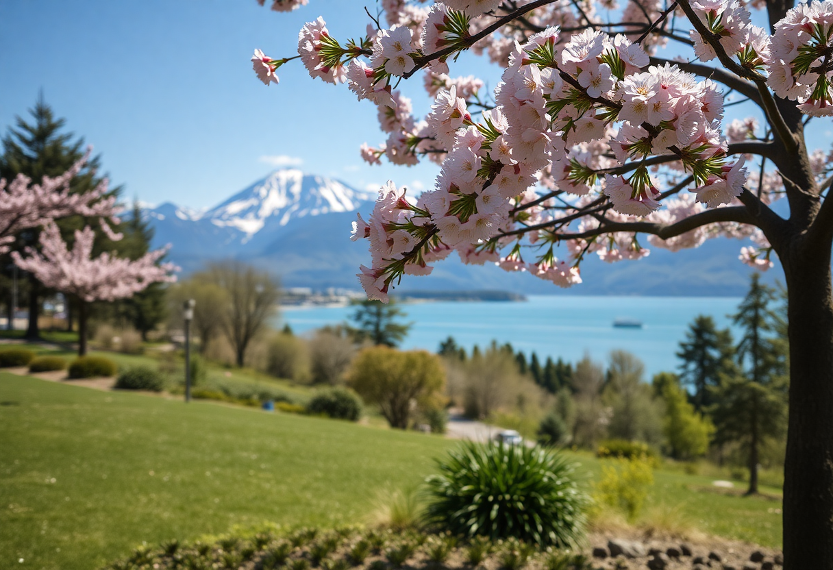 Parque urbano com cerejeiras em flor e vista para um lago alpino em Zurique, Suíça