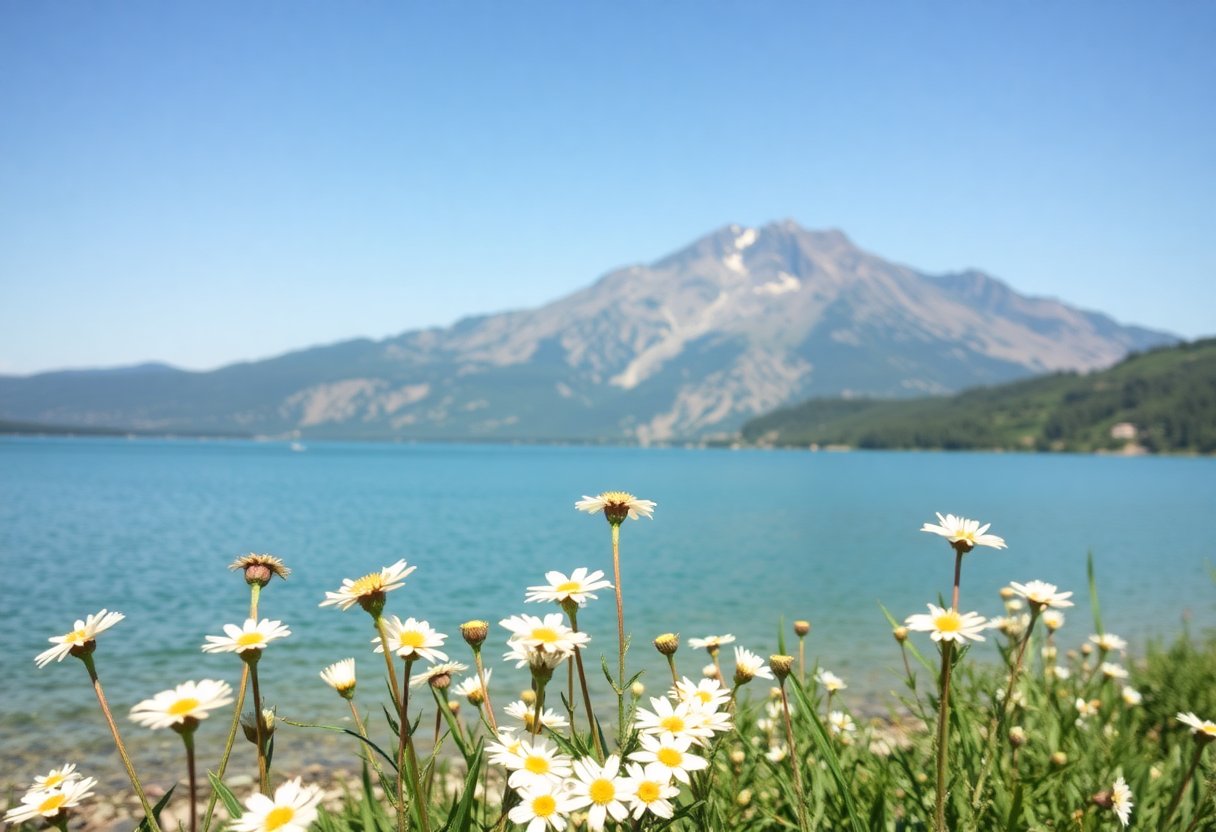 Trilha de cerejeiras em flor à beira do lago de Zug com montanha ao fundo