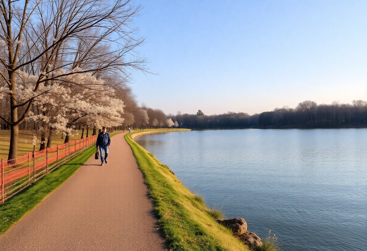 Caminho tranquilo ao redor do Tidal Basin nas primeiras horas da manhã