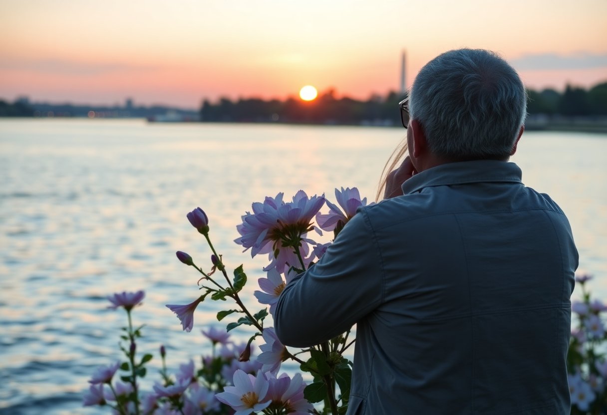 Multidão observando as cerejeiras em flor ao amanhecer no Tidal Basin