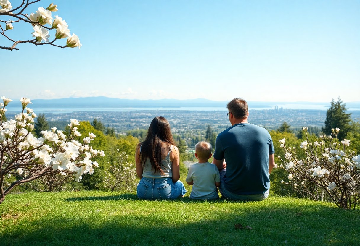 Piquenique em família debaixo de cerejeiras floridas no Queen Elizabeth Park, Vancouver