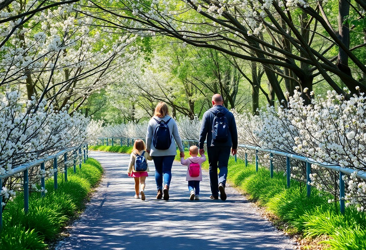 Família caminhando por um caminho florido de cerejeiras no Stanley Park, Vancouver